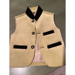 Vintage-Inspired Beige Sleeveless Vest W/ Black Velvet Accents Button Closure &